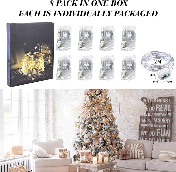 ZGWJ 8 Pack Fairy Lights Battery Operated, 7ft 20 Mini LED Fairy String Lights Silver Wire 3 Modes for DIY, Parties, Wedding, Bedroom, Halloween Christmas Decoration Silver White