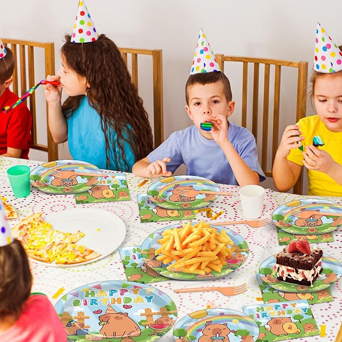 96PCS Capy Themed Bara Birthday Party Supplies Cute Cartoon Capy Paper Plates and Napkins Kapybara Themed Disposable Tableware Animal Dinnerware Decorations Set for Kids Birthday Baby Shower Serves24