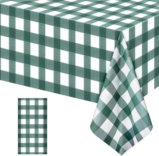 1 Pack Sage Green Striped Gingham Tablecloths, 54 x 108 Inch Disposable Plastic Rectangle Table Covers, Waterproof Checkered Sage Green Table Cloths for Picnic, Birthday, Party, Outdoor Events