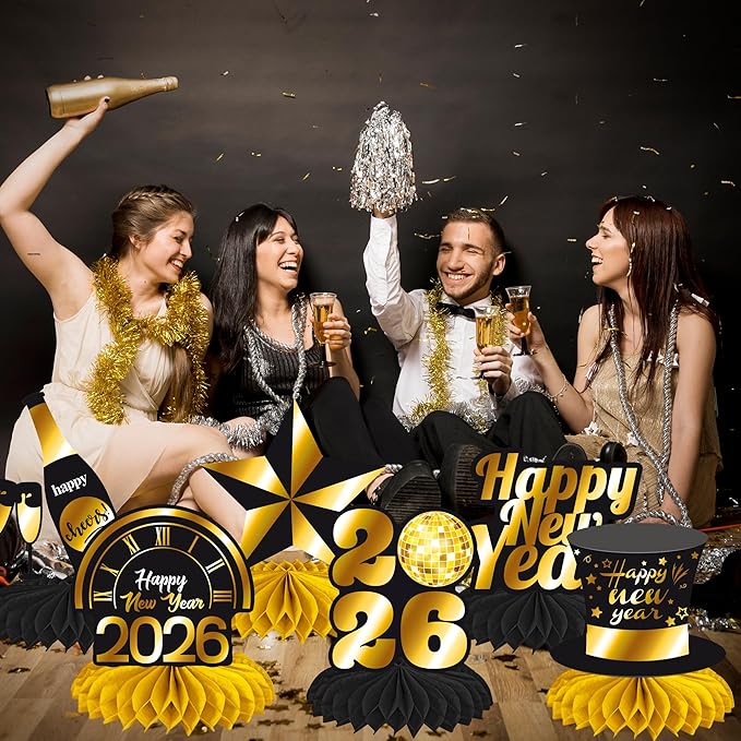 Happy New Year Honeycomb Centerpieces 2026 New Years Eve Party Decorations 12PCS New Years Decor Hello 2026 Table Centerpieces for Cheers to 2026 Celebration Supplies