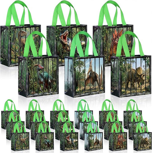 Sweetude 40 Pcs Realistic Dinosaur Gift Party Favor Bags with Handle, Non Woven Goodie Bags Birthday Favor for Boys Girls Birthday Baby Shower Supplies