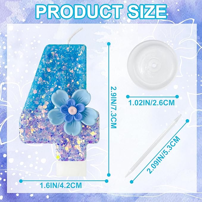 Blue Purple Flower Birthday Number Candles, Flower Theme Party Decorations, Cupcake Decorations, Suitable for Party Celebrations, Boys and Girls Birthday Decorations（4）