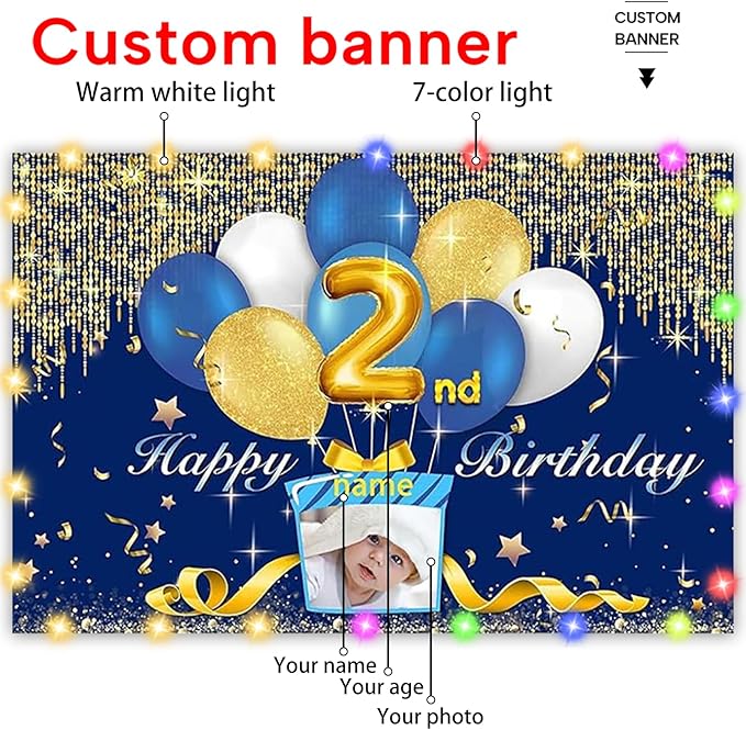 Dicodes Custom Navy Blue and Silver Theme Birthday Banner for Party Happy Birthday Backdrop Decoration Personalized with Name and Photo