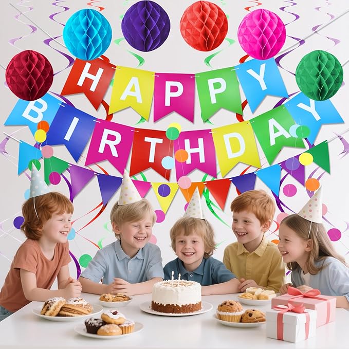 Happy Birthday Banner with Colorful Paper Flag Bunting Paper Circle Confetti Garland Swirl Streamers Honeycomb Ball for kids Party decorations