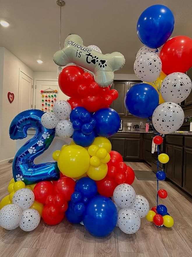 Dog Paw Latex Balloons, 50pcs 12 Inches Royal Blue Light Blue Yellow Red Paw Print Balloons with 1 Ribbon for Dog Birthday Party Decorations