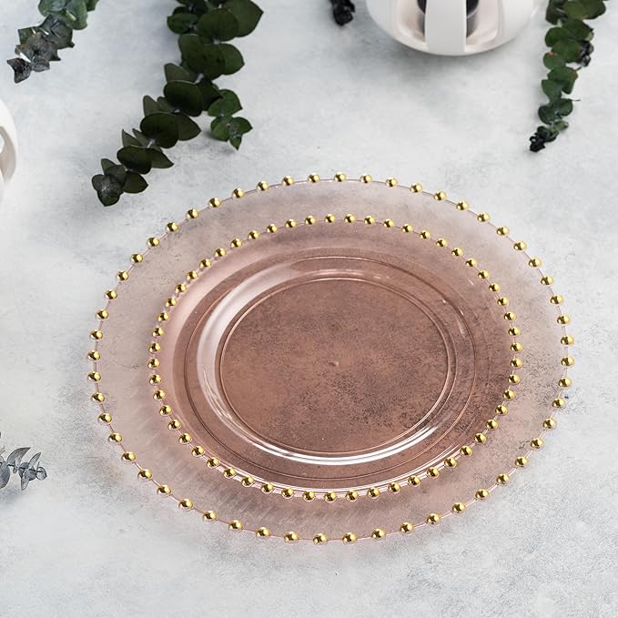 PLASTICPRO 64 Piece Combo Plastic Dinner Plates Disposable Plastic Fancy Heavy Duty Party Dishes 7 inch and 10 inch, Translucent Rose and Gold Beaded