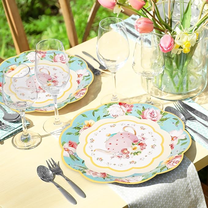 Whaline Spring Vintage Floral Paper Plates 9 Inch Tea Party Teapot Flower Disposable Salad Dessert Plates for Summer Birthday Wedding Baby Bride Shower Tableware Supplies 40Pcs