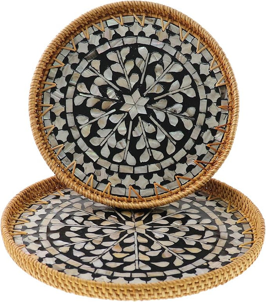 Round Rattan Tray with Mother of Pearl Inlay, Handwoven Wicker Coffee Table Serving Basket Tray for Fruit Snack Party Picnic Cafe Bedroom Kitchen Home Decor Set of 2 (Black Arrow)