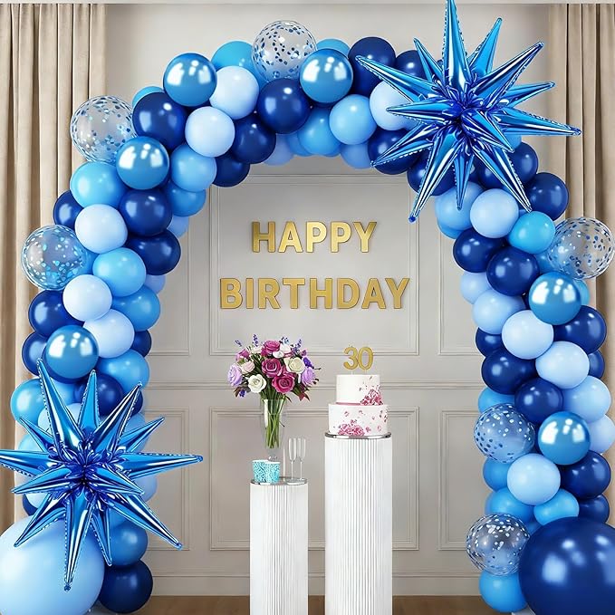 RUBFAC 140pcs Blue Balloon Garland Arch Kit, Metallic Blue Confetti Star Latex Navy Balloons for Winter Wonderland Baby Shower Birthday Christmas New Years Eve Graduation Anniversary Decorations