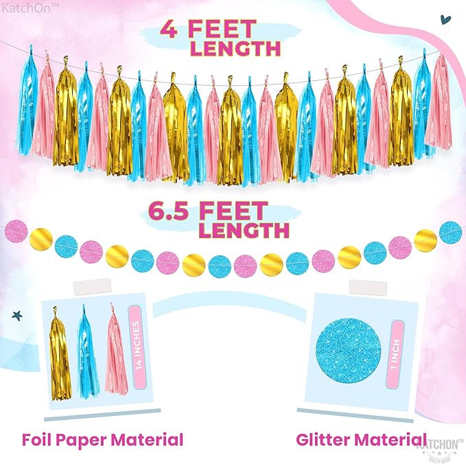 KatchOn, Boy or Girl Banner and Garland Set - 10 Feet, No DIY | Glitter Boy or Girl Gender Reveal Banner, Gender Reveal Decorations | Tassel Garland for Baby Shower Decorations
