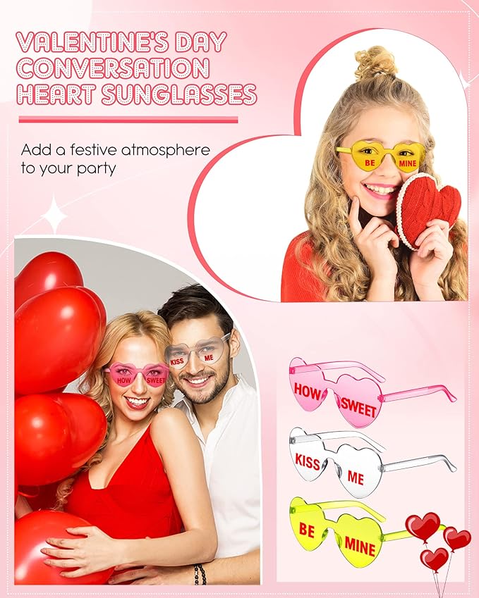 LEIFIDE 12 Pieces Valentine Heart Shape Rimless Fun Sunglasses Conversation Heart Glasses Eyewear for Wedding Party Favor