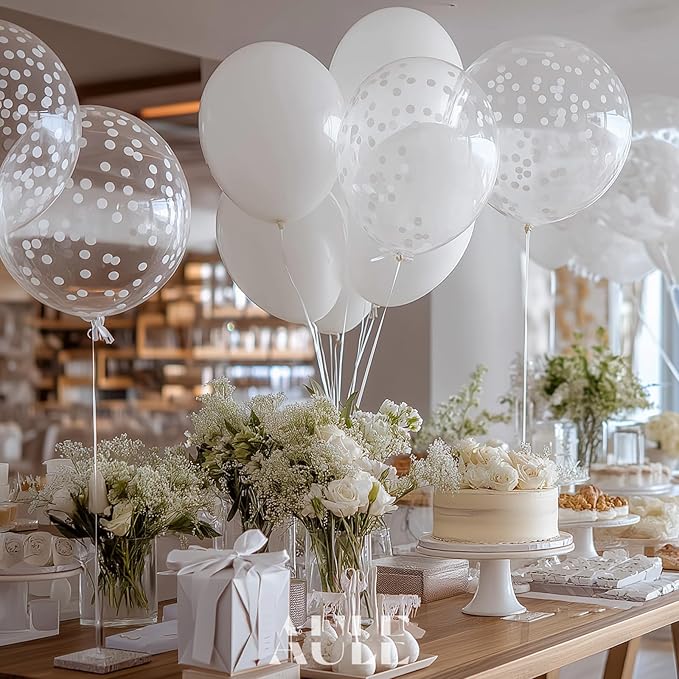 AULE Party Balloons Pack of 42-12in White Confetti Balloons & White Latex Balloons and 64ft Ribbons - 12 Inches Balloons Decorations Set