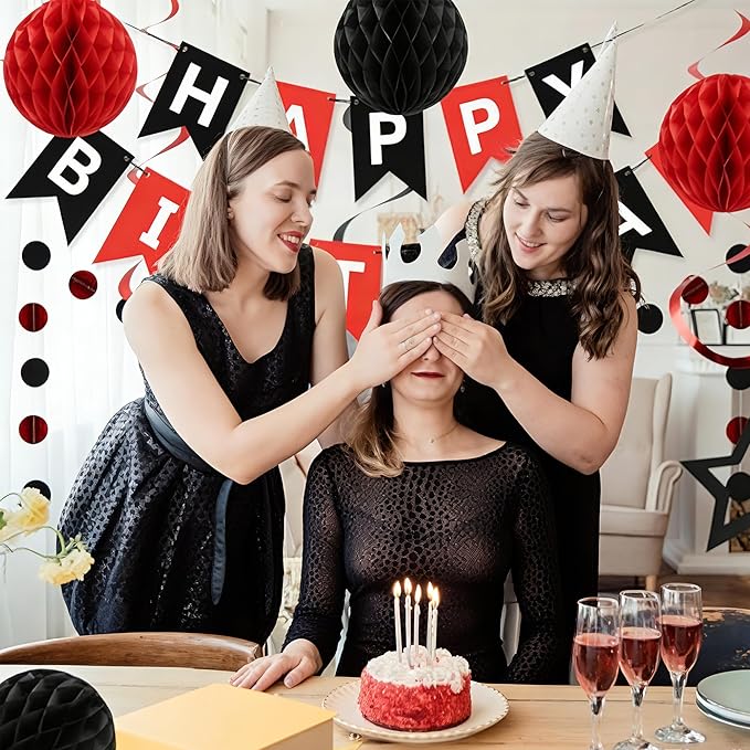Red Birthday Decorations, Happy Birthday Banner with Honeycomb Balls, Circle Dot Garland and Hanging Swirl Decorations for Women Men Boys Girls （Red Black）