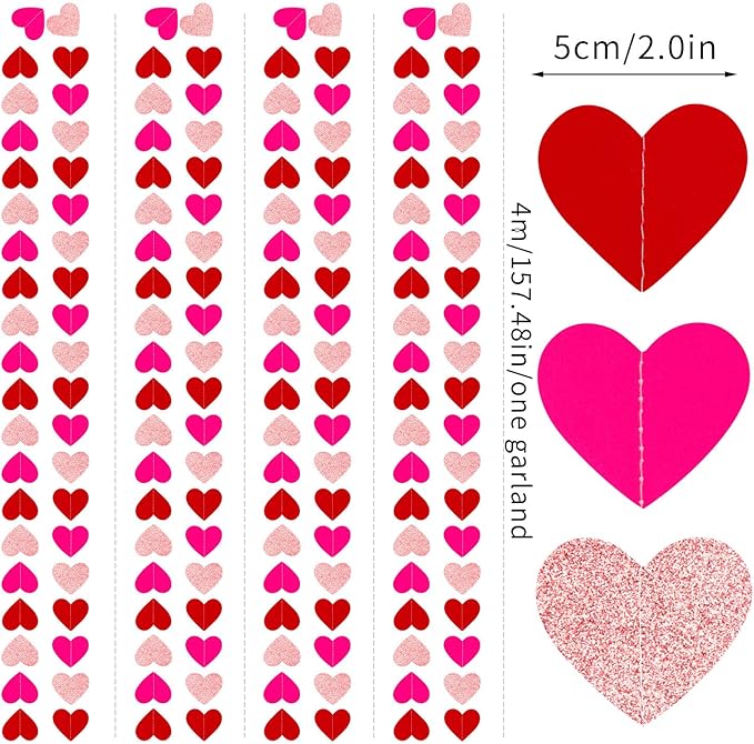 Rose-Gold Red Valentines Party-Decorations Heart-Garland - 52ft Galentines Glitter Streamers Banner,Women Romantic Special Night Wedding Bachelorette Bridal Shower Birthday Backdrop Decor Burgleda
