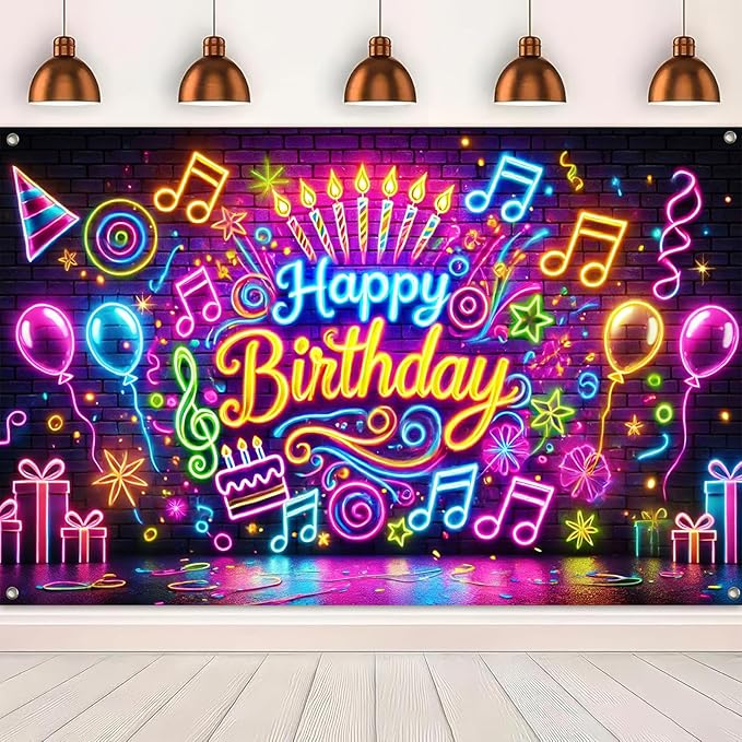 BlissYard Happy Birthday Banner Neon Decrations Backdrop Glow in The Dark Party Background Decorations 84x60 Inch with Balloons Music Notes and Fun Confetti Banners for Girls or Boys Gifts