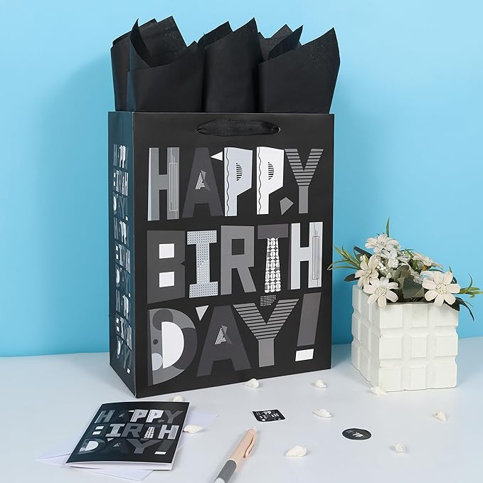 wishinside 13” Large Black Happy Birthday Gift Bag Set with Handles, Greeting Card, Tissue Papers and Stickers for Men Boys Kids Teens, Cartoon Design, 1 Pcs