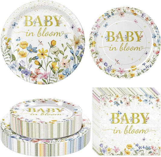 180PCS Baby in Bloom Baby Shower Decorations – Spring Wildflower Paper Plates and Napkins Set, Floral Disposable Tableware for Spring Baby Shower Party Supplies Decorations