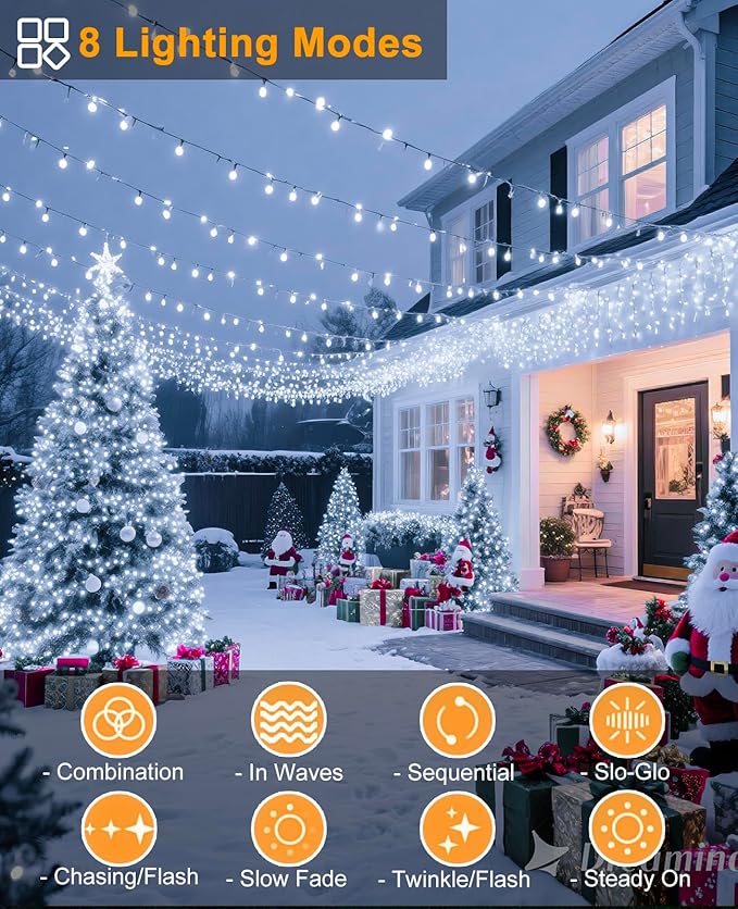 White Christmas String Lights, 40FT 120 LED Christmas Lights Outdoor Indoor Waterproof with 8 Modes, Plug in Connectable Tree Fairy Lights Green Wire for Patio Garden Party Holiday Decorations