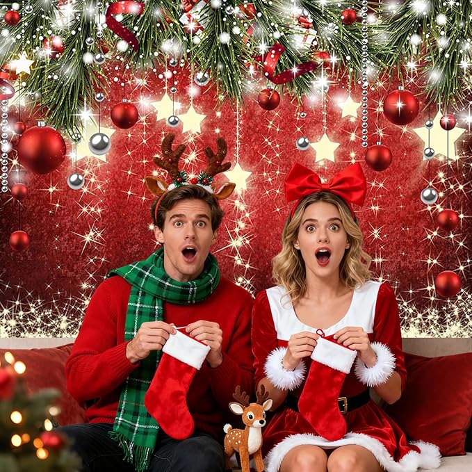 Mocsicka Christmas Backdrop Red Ball Xmas Merry Christmas Party Decorations for Family Holiday Christ for Photography Photo Booth Props (Red, 7x5ft(82"x60"))