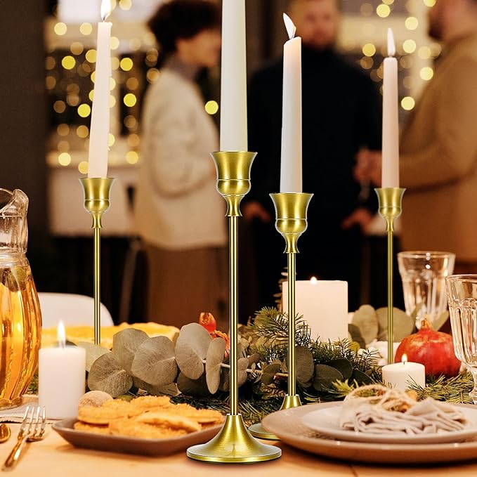 Metal Brass Gold Taper Candlestick Holders Set of 6, Wine‑Glass Shaped Candle Stick Holder with 3 Assorted Heights, Elegant Table Centerpiece Decor for Wedding Christmas Fireplace