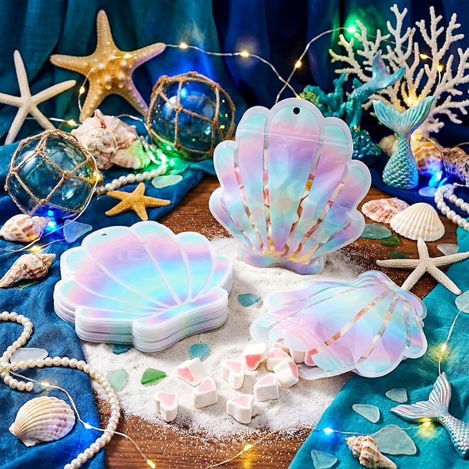 Resurhang 60 Pcs Mermaid Party Zipper Treat Bags Cute Seashell Food Goodie Gifts Bags Resealable Under the Sea Aquatic Nautical Theme Snack Candy Containers for Summer Ocean Beach Supplies