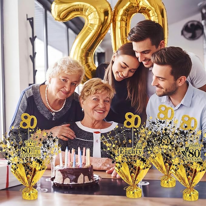Tatuo 4 Pcs Metallic Foil Spray Centerpiece Happy 30th 40th 50th 60th 70th 80th Years Centerpiece Table Decorations for Black and Gold Birthday Anniversary Wedding Party Table Decor (80th Birthday)