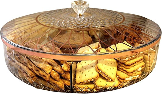 Clear Divided Snack Serving Tray with Lid – 6-Compartment Party Platter with Rose Gold Accent Lines for Candy, Fruit, Nuts, Chips, Appetizers & Desserts