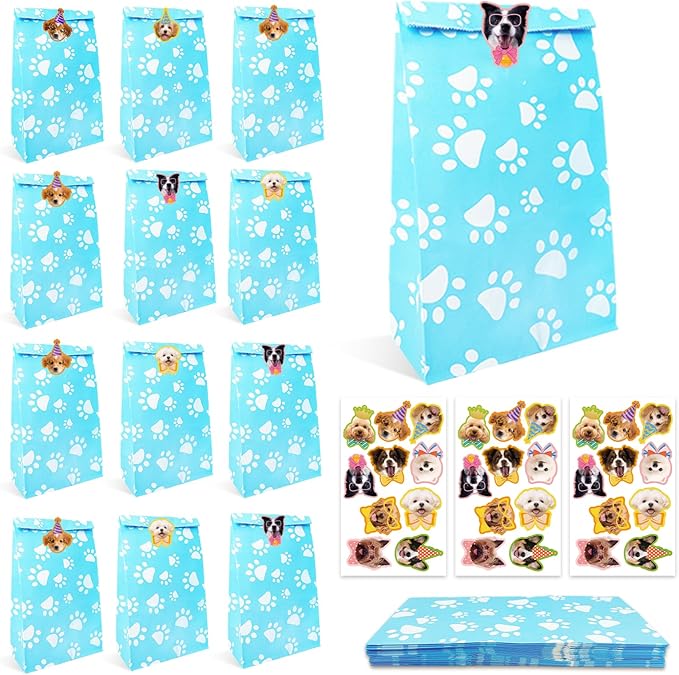 24 Pcs Dog Paw Print Gift Bags with Cute Dog Stickers - Party Favors for Puppy Birthday Party, Doggy Themed Goodie Bags for Pet Lovers, Blue Paper Treat Bags for Pet Party Supplies, Gift Wrapping & Candy
