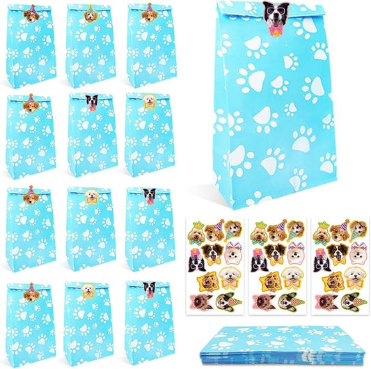 24 Pcs Dog Paw Print Gift Bags with Cute Dog Stickers - Party Favors for Puppy Birthday Party, Doggy Themed Goodie Bags for Pet Lovers, Blue Paper Treat Bags for Pet Party Supplies, Gift Wrapping & Candy