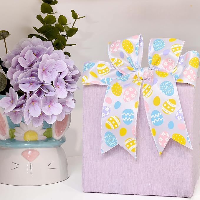 Meseey 2 Rolls Easter Ribbon, 2.5 Inch x 5 Yards Pastel Easter Egg & Happy Easter Wired Ribbon, Decorative Ribbon for Wreaths, Gift Wrapping, Easter Baskets, Crafts, Spring Party Decorations