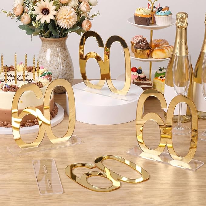 Threehoney 12 Pcs Mirror Gold 60th Birthday Decorations for Men and Women Acrylic Anniversary Decorations Table Numbers Centerpieces for Birthday Party
