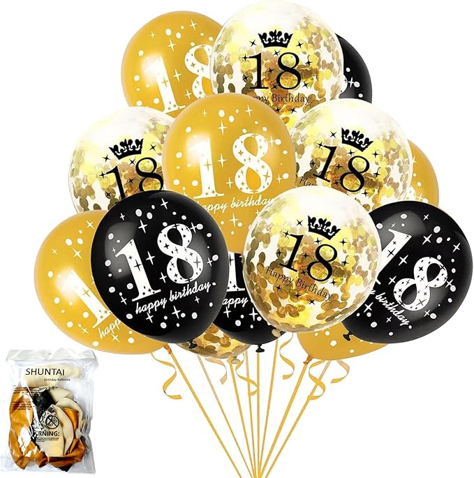 SHUNTAI 18th Birthday Balloons Gold and Black 18th Birthday Decorations,Latex Gold Confetti Balloon for Boys Girls 18 Year Old Anniversary Theme Party Supplies 15 Pieces 12 Inch