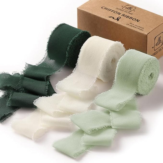 DORIS HOME Green and Cream Chiffon Ribbon for Flower Bouquet, 1" x21Yd Fabric Ribbon for Gift Wrapping, Handmade Frayed Ribbon for Wedding Invitations/Christmas Decorations