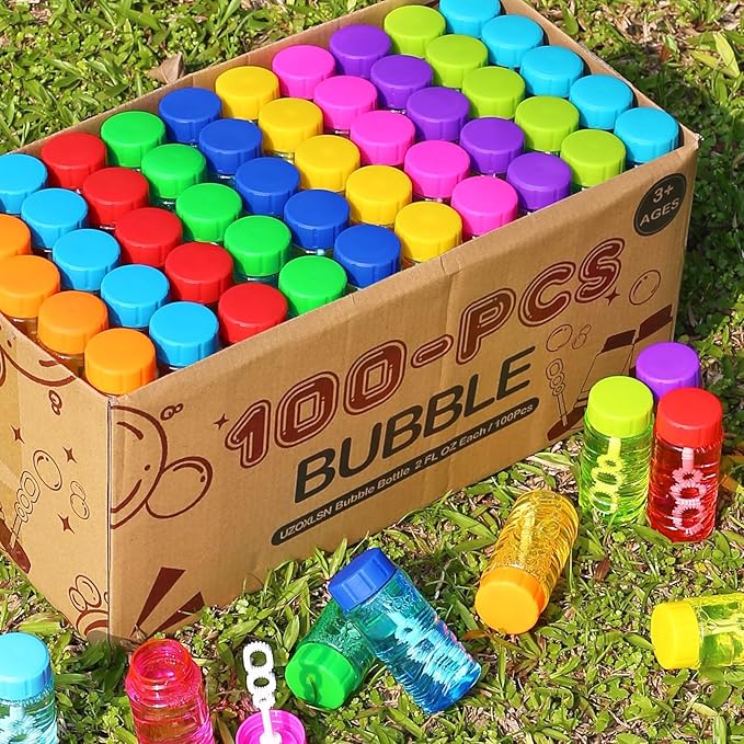 100 Pack 10 Neon Colors Bubble Bottles with Wand Attached to the Cap, Summer Bubble Solution Bulk Toy, Birthday Decor Gift Box, Party Favor Supplies for Kid, Carnival, Goody Bag Stuffer, Pinata Filler