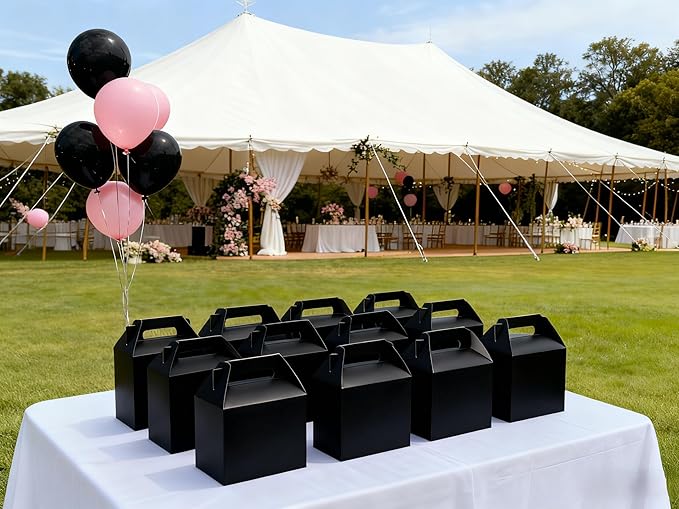 XAGLVV 12-Pack Black Party Favor Treat Boxes (7 x 3.5 x 6.6 Inch) Gable Paper Snack Boxes with Handles& Goodie Gift Bags for Kids Birthday, Wedding, Baby Shower.
