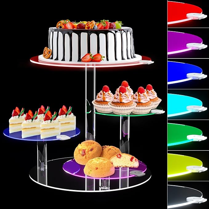 Cake Stand with Rechargable LED Light, Round Light Up Cupcake Stand, Cupcakes and Cakes Comb for 8-12 Inch Cakes, Tiered Cake Tree Tower, Clear Dessert Display Stand for Wedding Birthday Party