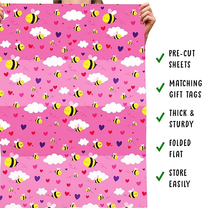 CENTRAL 23 Pink Wrapping Paper - 6 Sheets Of Gift Wrap - Bumble Bee And Heart Design - Girls Wrapping Paper For Birthday Baby Shower Valentine's Day - Recyclable