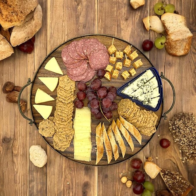 Acacia Wood Cheese Tray and Serving Board with Handles – Large Round Charcuterie Circle Board, Hardwood Platter for Entertaining and Serving, 14" Diameter