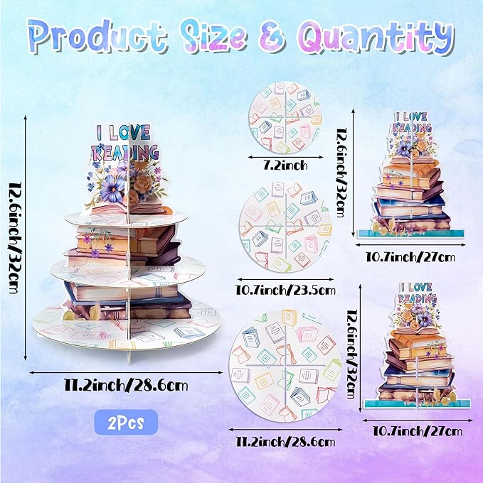 Haooryx Cupcake Dessert Display Stand - 2 Pcs 3 Tier I LOVE READING Watercolor Cupcake Dessert Table Display Tower Cardboard Cake Holder Serving Tray Baby Shower Birthday Tea Party Decoration Supplies
