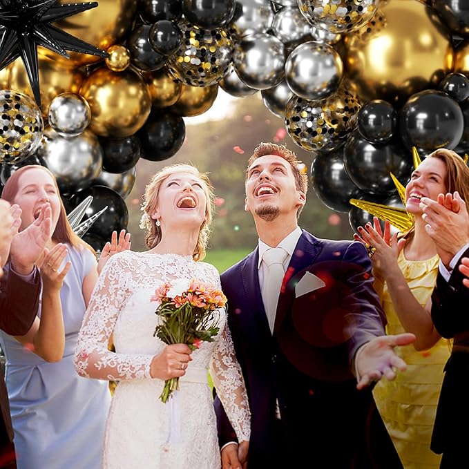 137Pcs Black Gold and Silver Balloons Garland Arch Kit with Stars - 5 10 12 18 inch Black Gold Silver Latex Party Balloons for New Year Birthday 2026 Graduation Retirement Party Decoration