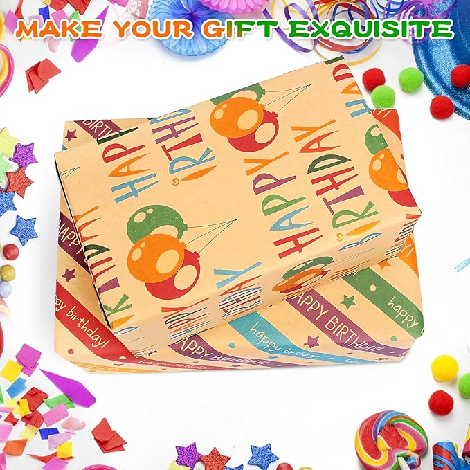 BWLOIES Wrapping Paper Birthday Gift Wrapping Paper Sheets Set, Kraft Birthday Gift Wrap Set,Balloon Star Happy Birhtday Paper with Tags String,Bday Present Wrap for Boy Girl Women Men