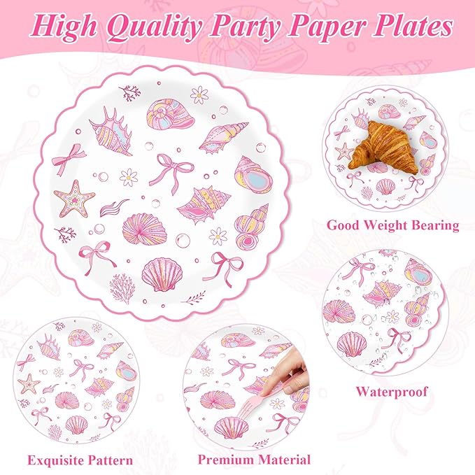 96pcs Scalloped Coastal Party Supplies Tropical Pink Bow Starfish Seashell Plates and Napkins Tableware Set Ocean Theme Party Decorations for Summer Beach Wedding Birthday Bachelorette for 24 Guests