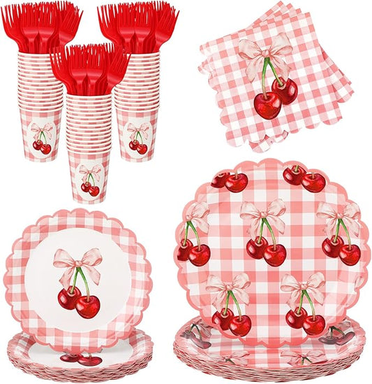 Havawish 120 Pcs Bow Cherry Party Supplies, Coquette Birthday Party Tableware Set Cute Dinner Plates, Dessert Plates, Napkins & Forks for 24 Guests Birthday, Baby Shower, Picnicking Supplies