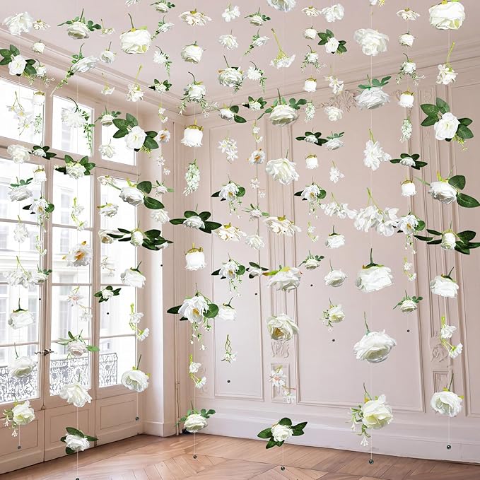 Suncalla 6 Pcs 35.46 ft Flower Garlands Backdrop Spring Artificial Wildflower Vines Floral Decorations for Party Fake Flower Vines Faux Silk Wildflower for Easter Wedding Garden Wall Arch (White)