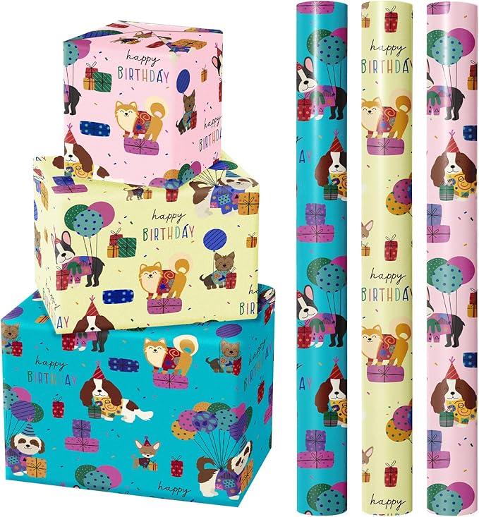 WRAPAHOLIC Dog Wrapping Paper Roll - 3 Short Roll - Birthday Puppy Dog Wrapping Paper for Kids Boys Girls Birthday, Pets Lover - 17 Inch x 120 Inch Per roll
