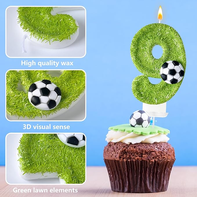 9th Birthday Candles，Soccer Birthday Decorations，Suitable for Girl and boy Cake Toppers, Wedding Cakes, Anniversaries, Party Celebrations, Birthday Decorations