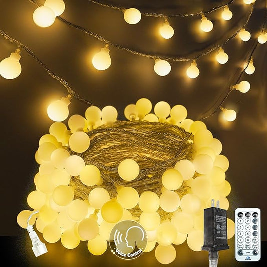 LORRYTE 2026 New Connectable 43FT Smart Voice Controlled Globe String Lights Indoor Outdoor | 100LED Warm White Fairy Lights with Remote & Timer | 12 Modes Waterproof Room Classroom Decorations