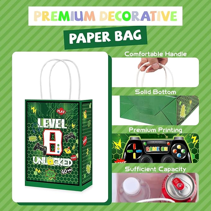 Grencian 16Pcs Video Game 8th Birthday Party Favor Bags Green Gamer 8th Birthday Candy Treat Gift Goodie Bags with Handles Gaming Level 8 Decorations for Boys Kids 8 Years Old Party Favors