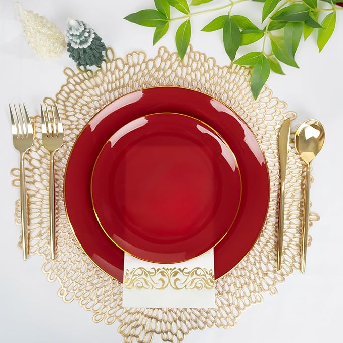 MirthMood 210pcs Red Plastic Plates,Disposable Red Gold Party Plates,Include 30 Dinner,Dessert Plate,30 Cup&30 Napkins, 90 Gold Silverware for Wedding & Party & Birthday（Plum Red）
