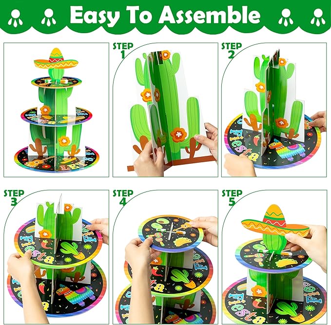 Haooryx Mexican Fiesta Party Cupcake Stand - 3 Tier Let’s Fiesta Cupcake Tower Cardboard Cactus Sombrero Dessert Holder for Kid Cinco De Mayo Taco Summer Carnival Birthday Party Cake Decortion Supply